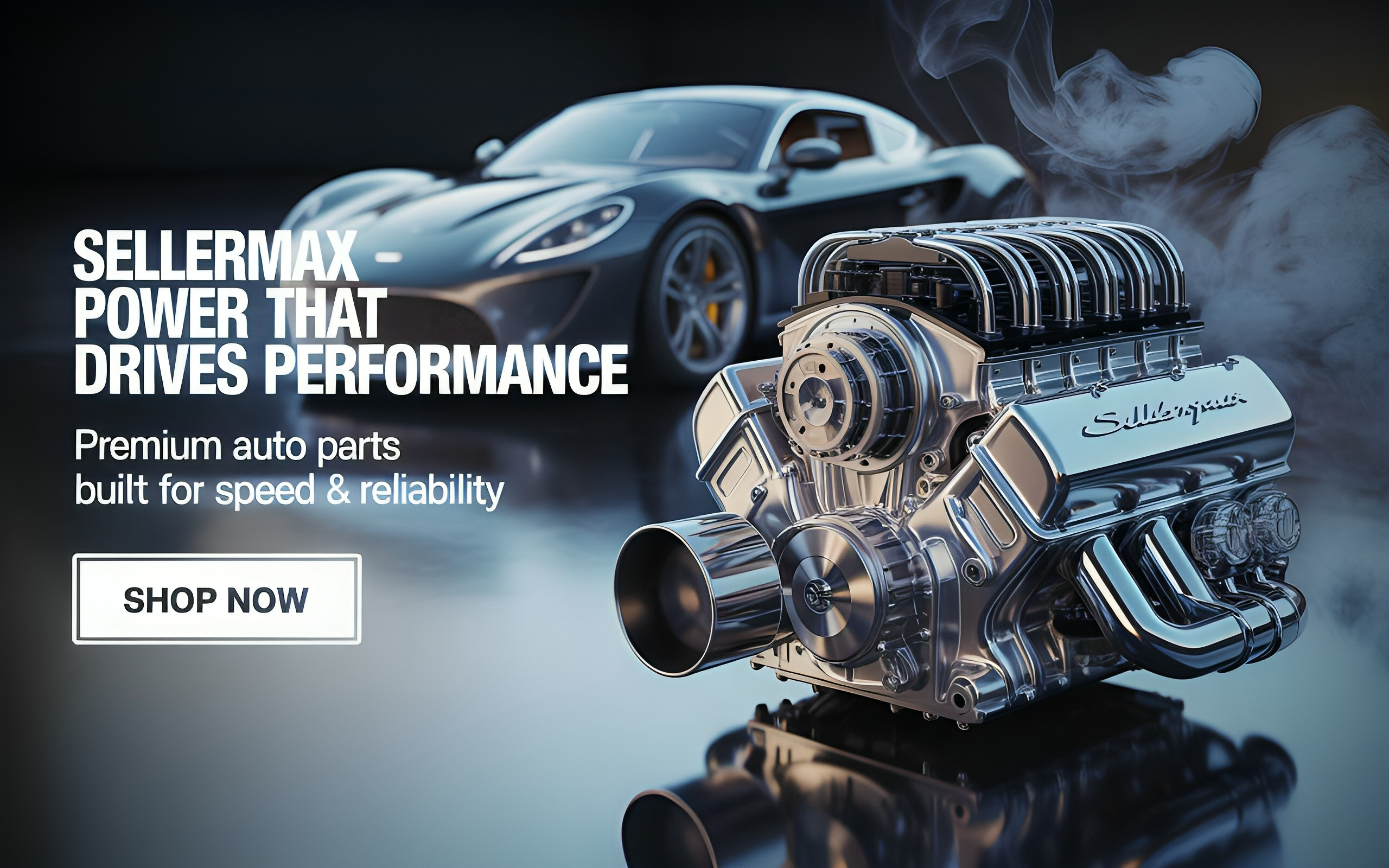 Car engine with 'Sellermax' branding and promotional text on a dark background